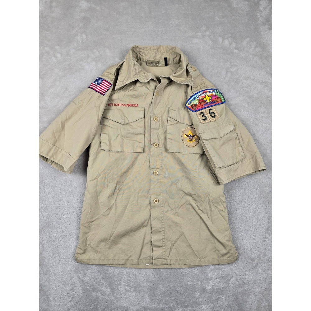 Boy Scouts of America Shirt Kids Youth M Tan Poly‎ Cotton Patches Gorpcore